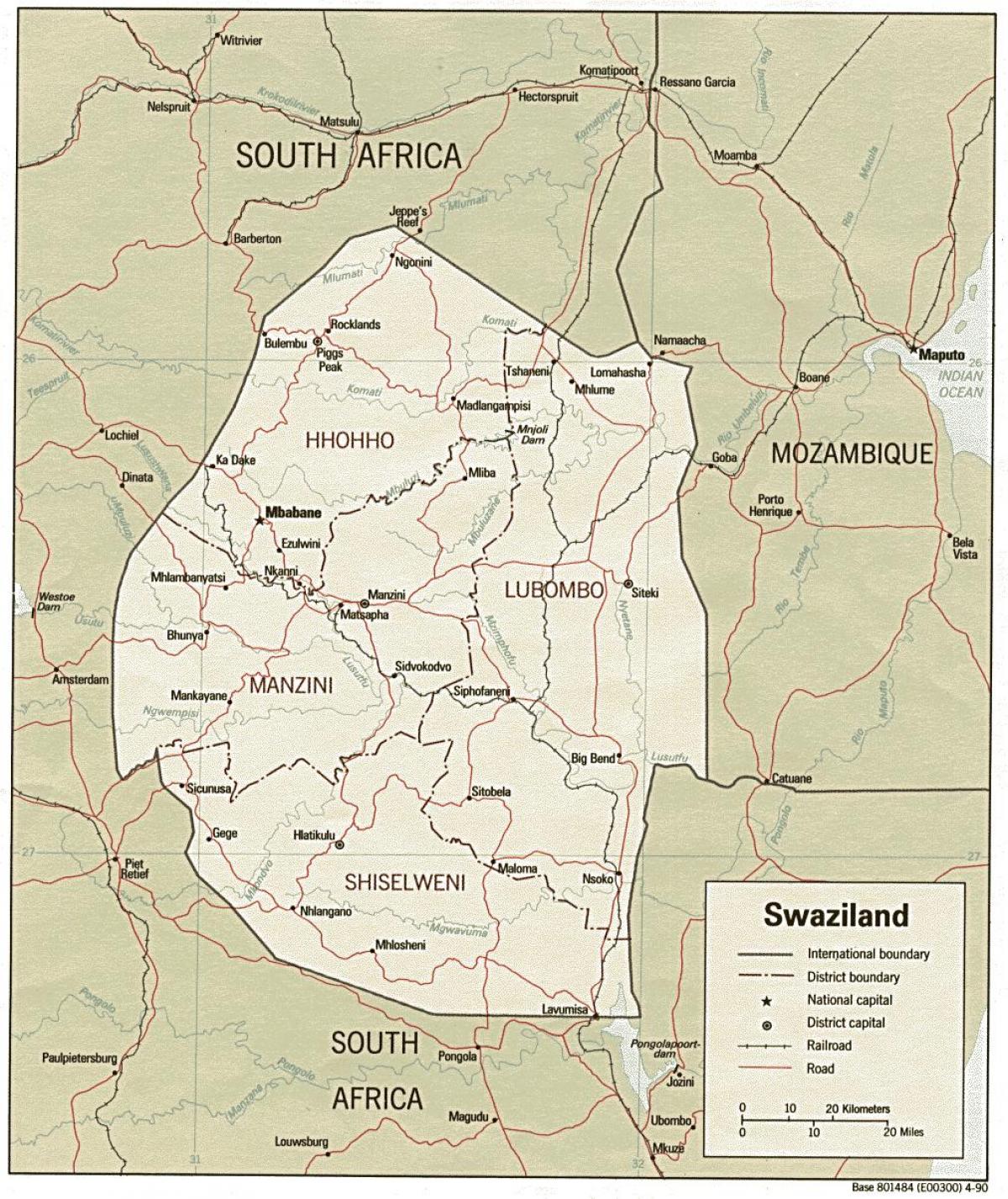 քարտեզ Սվազիլենդի ցույց սահմանային դիրքեր